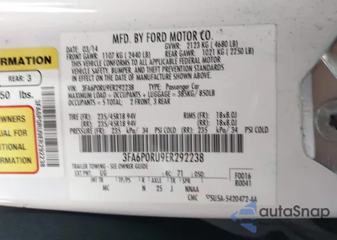 2014 Ford Fusion Hybrid Titanium z USA, uszkodzony, nr VIN 3FA6P0RU9ER292238